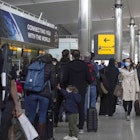 People queuing to go through security at Heathrow Terminal 2 as travellers embarking on overseas trips on Monday faced chaos as flights were cancelled and cross-Channel rail services were hit by major delays. Airlines are suffering from staff shortages related to coronavirus sickness, leading to flights being grounded. Picture date: Monday April 4, 2022. (Photo by Steve Parsons/PA Images via Getty Images)